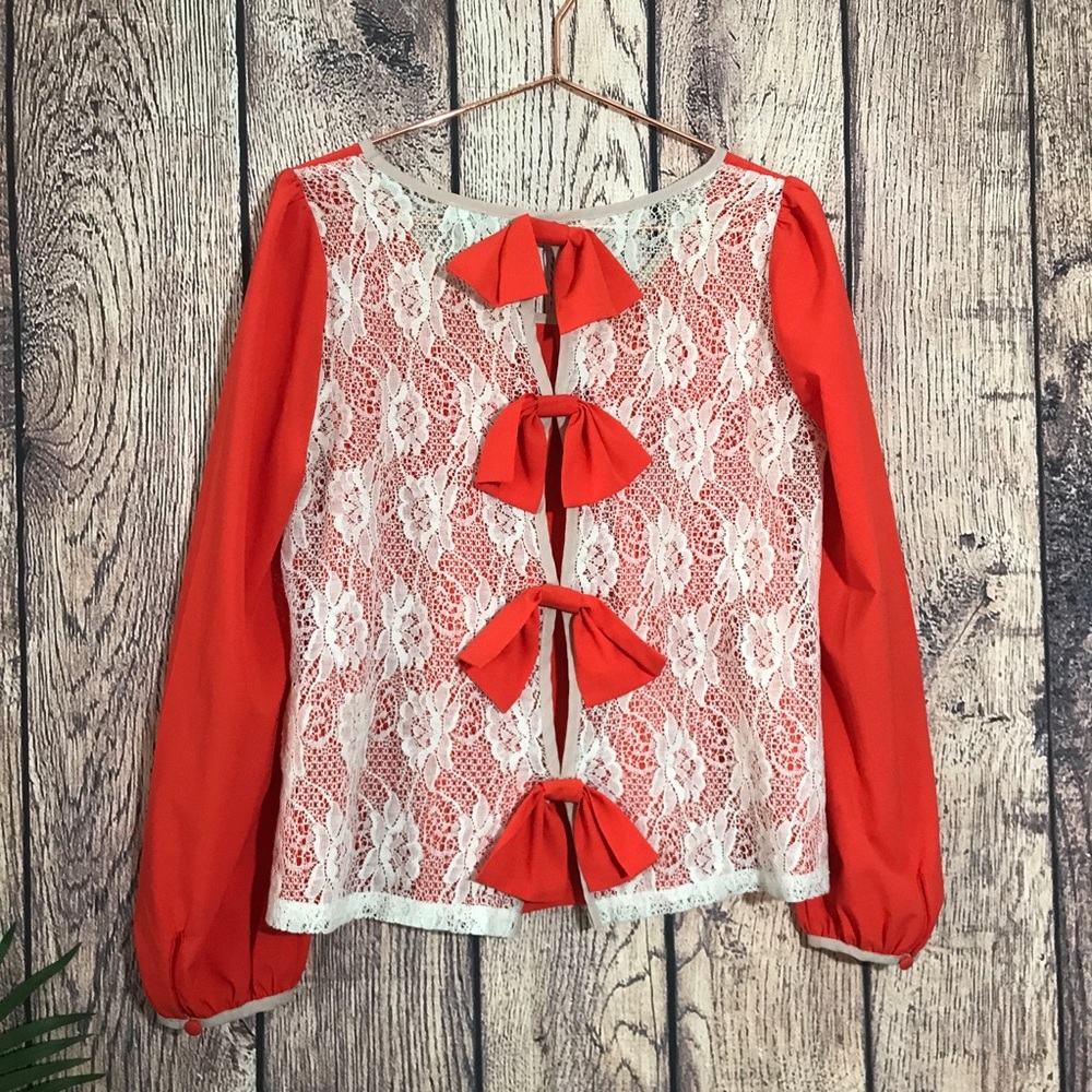 By Stella Top XL Blouse Red Bow Detail